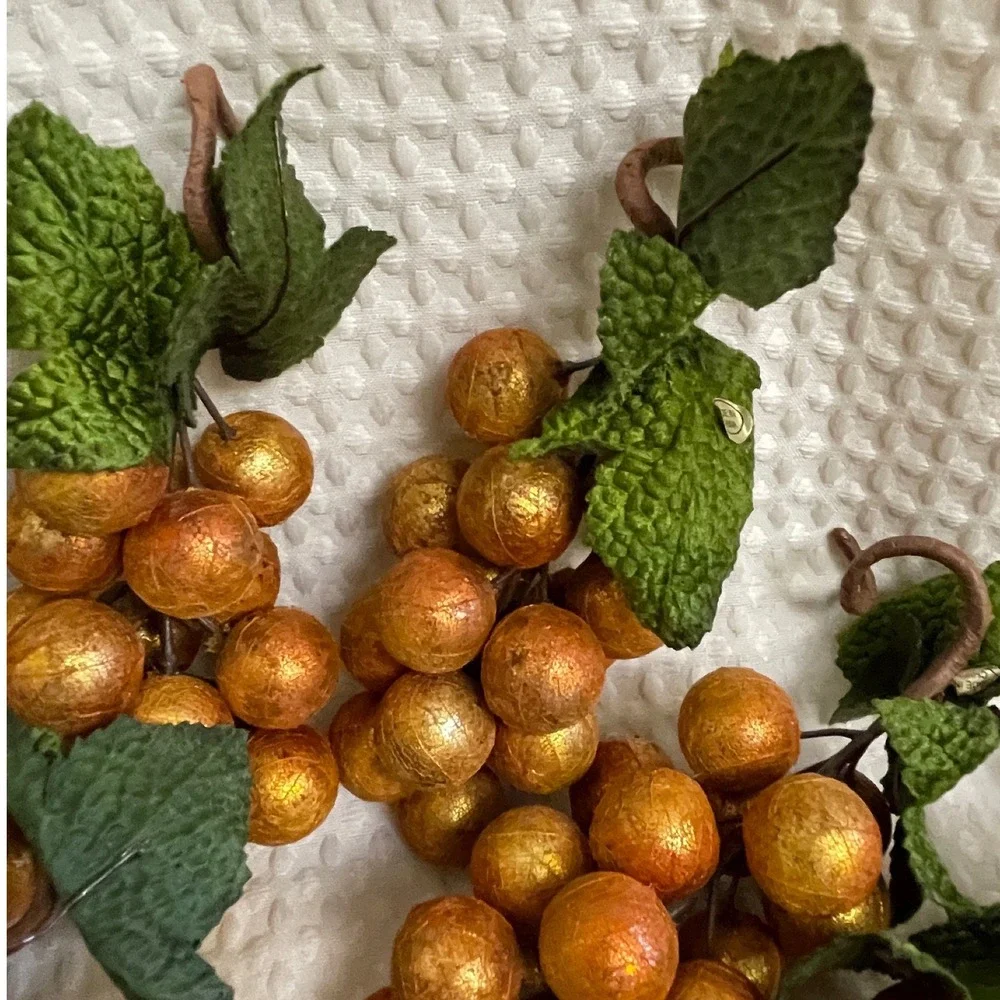 Decorative Artificial Grape Clusters Set of 12 Gold Orange Hard Plastic Textured